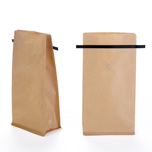 Flat Bottom Food Brown Kraft Paper Pouch Coffee Tea Packaging Bag Valve With Tin Tie