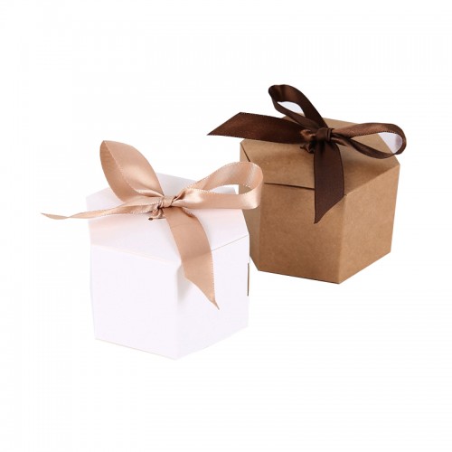 Kraft Paper Gift Box Ribbon Closure Hexagon Box