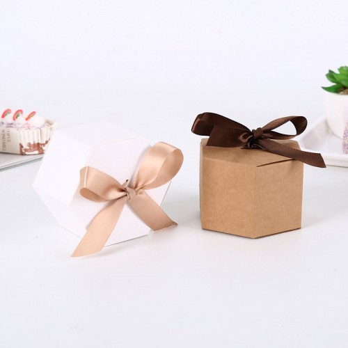 Kraft Paper Gift Box Ribbon Closure Hexagon Box