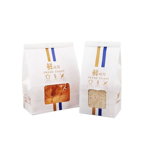 Custom Toast Paper Bag Sandwich Bakery Bread Flat Bottom Kraft Paper Bag with Tin Tine