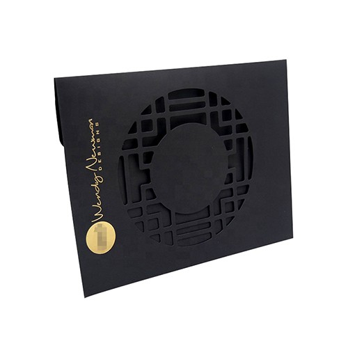 Custom Laser Cut Window Black Invitation Envelope with Gold Foil