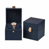 Private Brand Dark Blue PU Leather Watch Box with Snap Button Closure