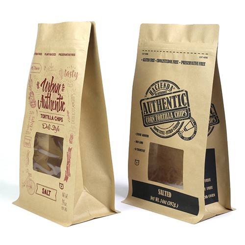 Block bottom bag kraft paper compostable with window - white