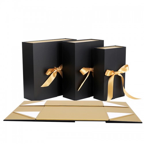 Black Foldable Cardboard Gift Box with Ribbon Closure