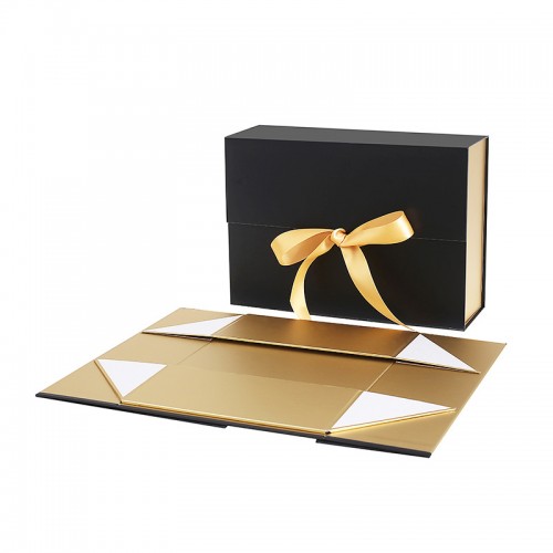 Black Foldable Cardboard Gift Box with Ribbon Closure